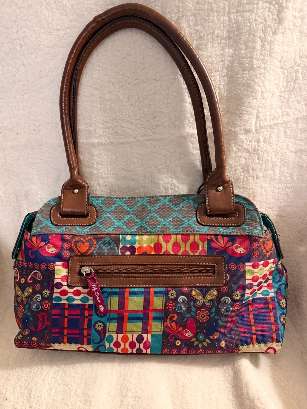Lily Bloom Patchwork Paisley Satchel Shoulder Handbag Brown Trim Boho - Picture 5 of 12